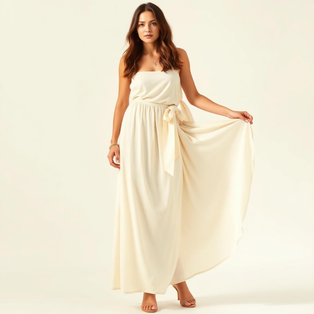 Cream flowy maxi skirt with side belt on model
