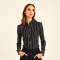Black and white pinstripe fitted shirt on model