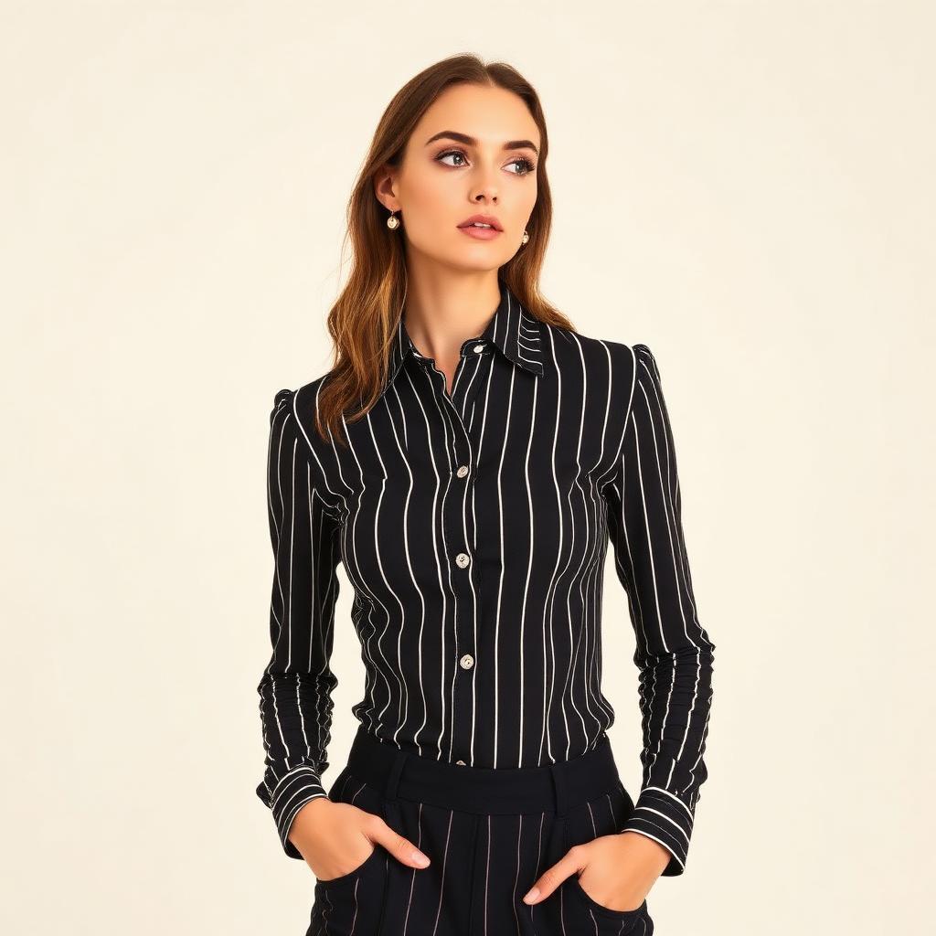 Black and white pinstripe fitted shirt on model