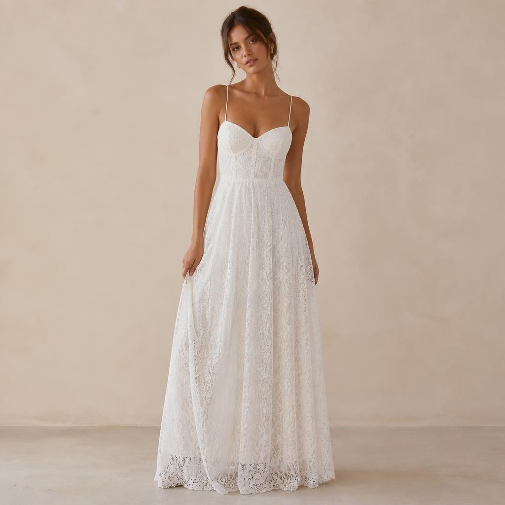Sweetheart Lace Maxi Dress in White